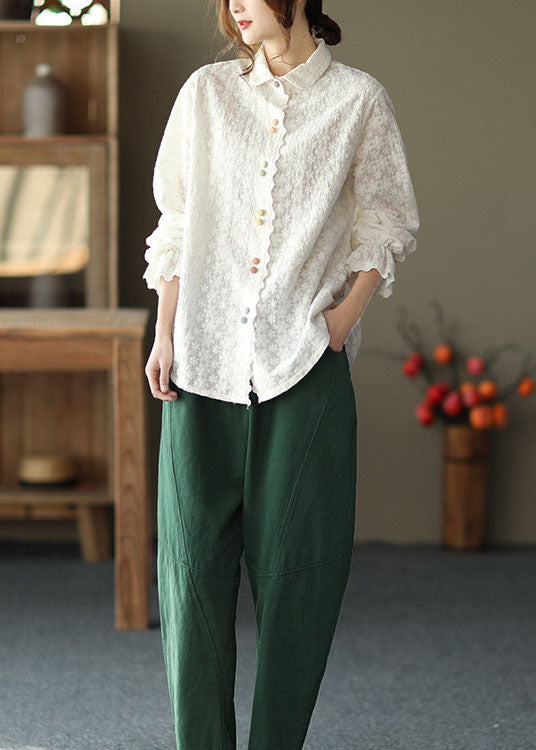 Classy White Peter Pan Collar Embroidered Cotton Shirts Top Long Sleeve
