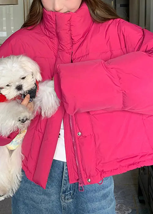 Loose Rose Stand Collar Pockets Drawstring Duck Down Puffer Coat Winter