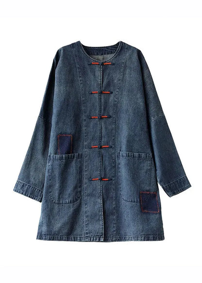 French Blue O-neck Pockets Patchwork Denim Coats Long Sleeve