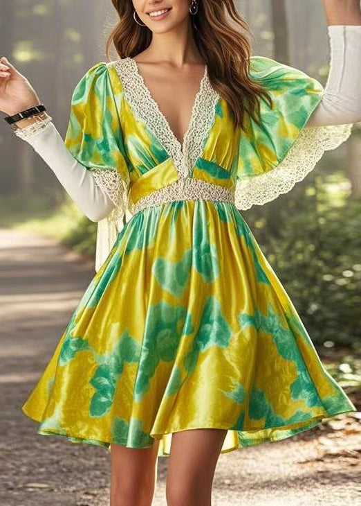 Yellow V Neck Print Lace Patchwork Silk Mid Dress Cloak Sleeves