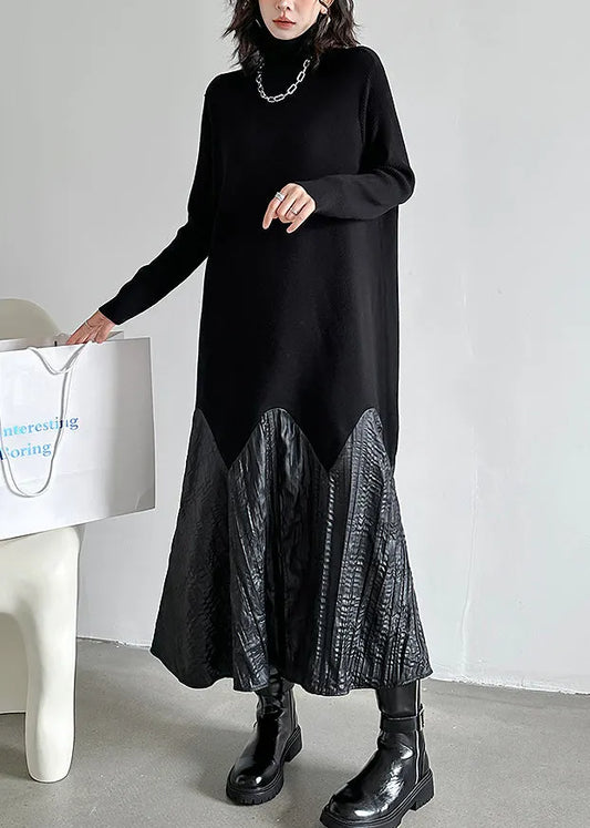 Black High Neck Patchwork Knit Long Dresses Fall