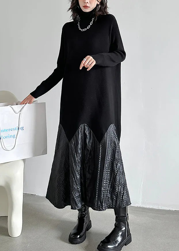 Black High Neck Patchwork Knit Long Dresses Fall