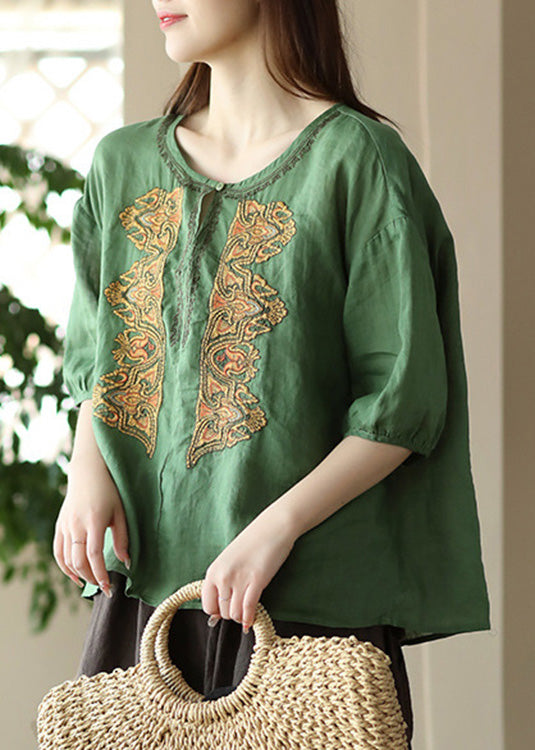 Apricot O-neck Embroidered Low High Design Ramie Shirts Summer