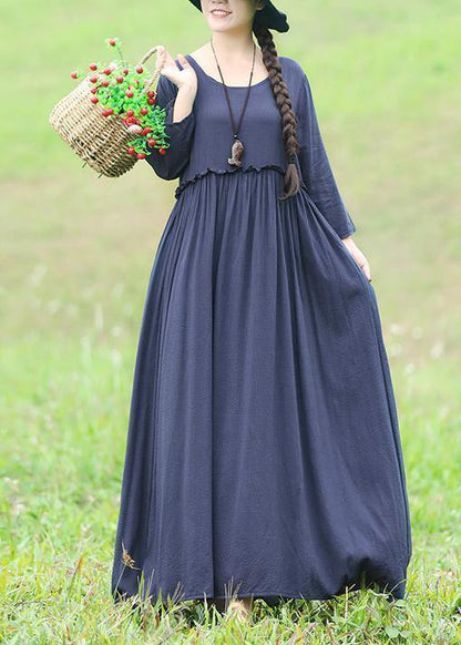Modern Ruffles Waist Cotton Linen Clothes for Fabrics Blue Maxi Dress