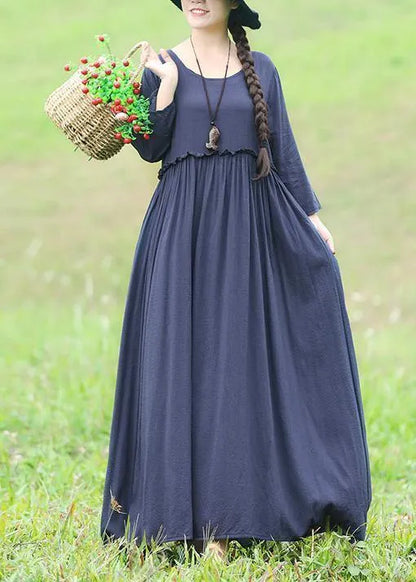 Modern Ruffles Waist Cotton Linen Clothes for Fabrics Blue Maxi Dress