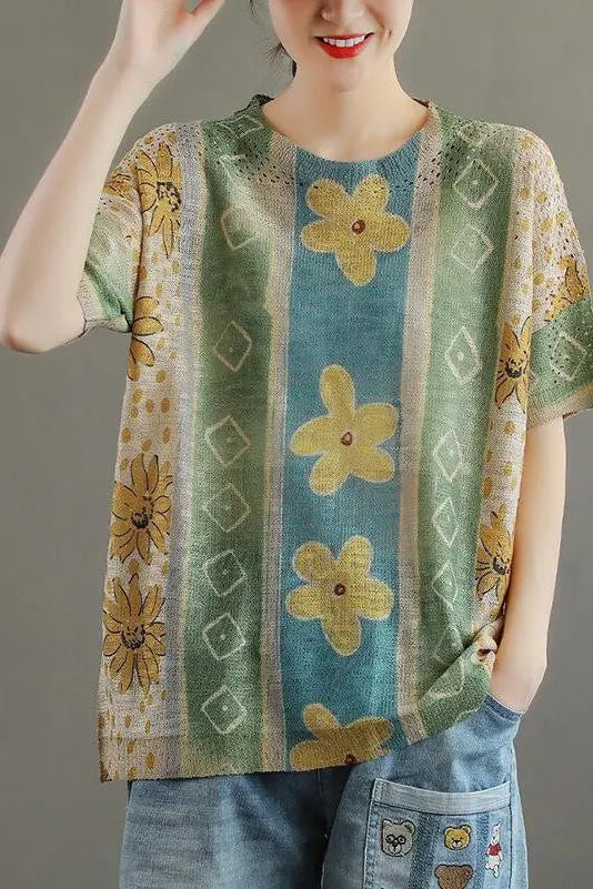 Cotton Knitted Hollow Out Stitching Irregular T-shirt