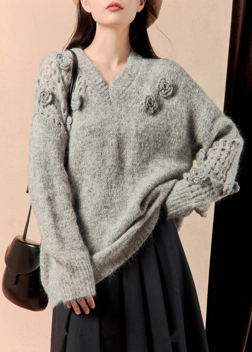 Grey V Neck Hollow Out Knit Sweater Winter