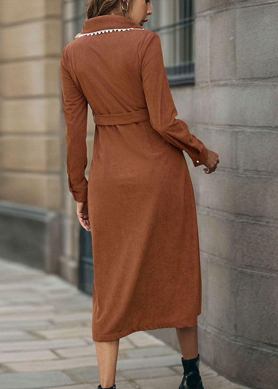Brown Peter Pan Collar Button Corduroy Dresses Fall