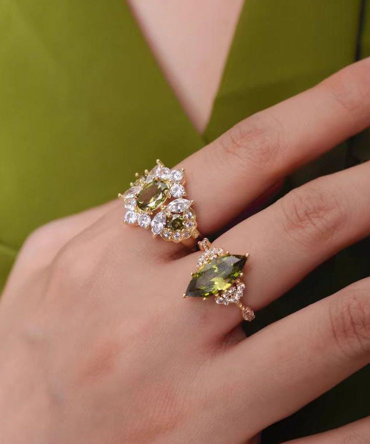 Stylish Olive Green Copper Alloy Zircon Gem Stone Open Rings Two-piece Set
