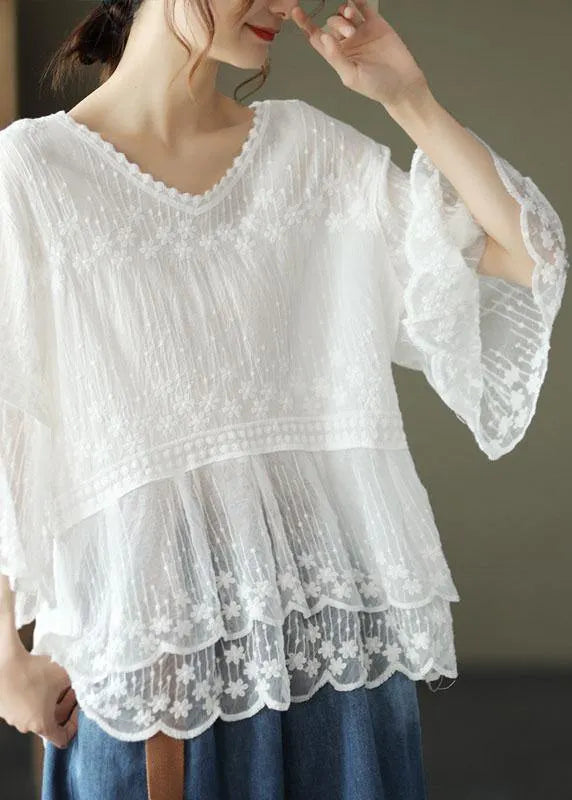 Loose Khaki O-neck Embroidered Patchwork Summer Shirts Half Sleeve