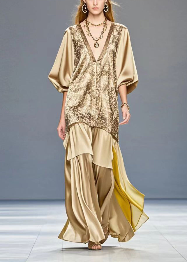 Golden V Neck Patchwork Print Silk Dress Summer