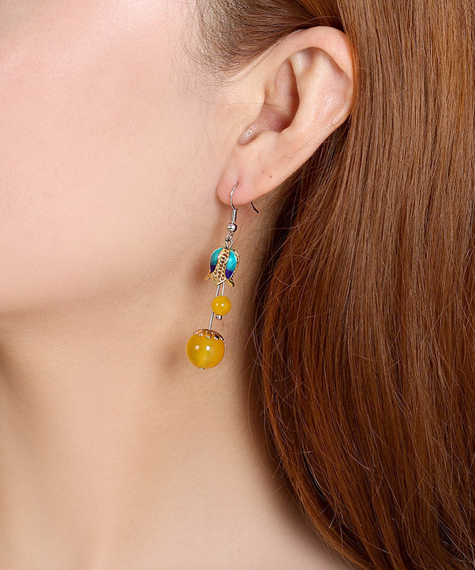 Skinny Yellow Jade Cloisonne Drop Earrings