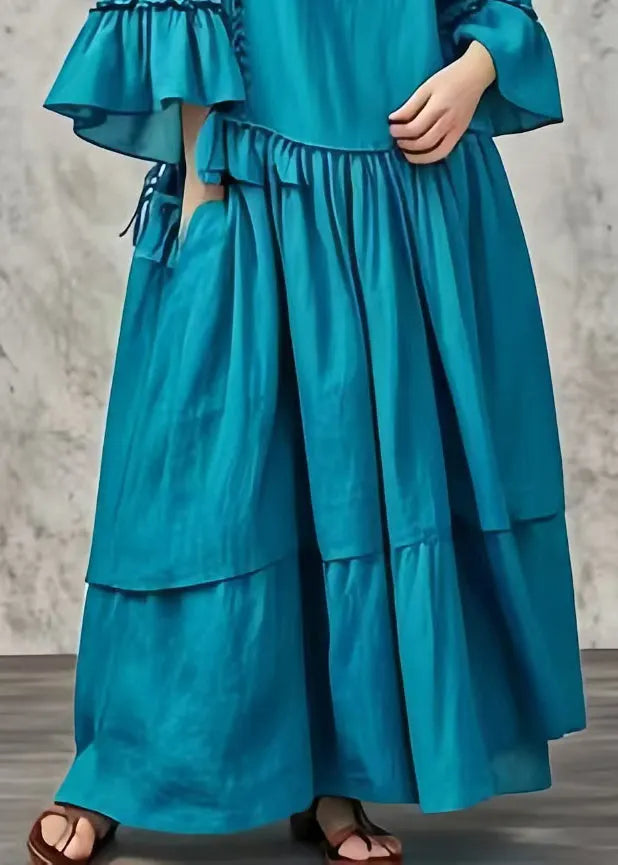 Peacock Blue Oversized Patchwork Cotton Maxi Dresses Fall