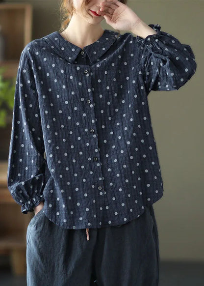 Grey Button Ruffled Dot Fall Shirt Tops Long Sleeve
