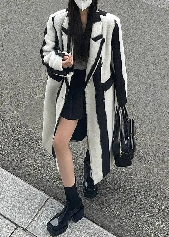 Black White Striped Notched Button Woolen Maxi Coats Winter