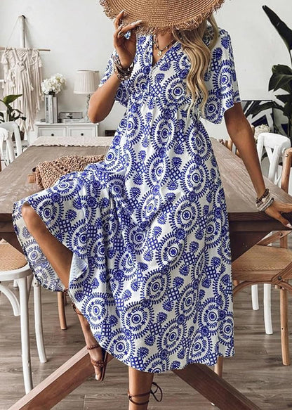 Blue V Neck Print Cotton Vacation Dresses Summer