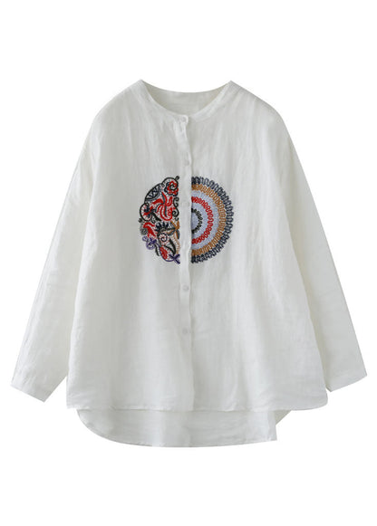 Loose White Embroidered Patchwork Linen Shirts Spring