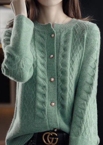 Green Warm Wool Cable Knit Cardigans O-neck Pearl Button Winter