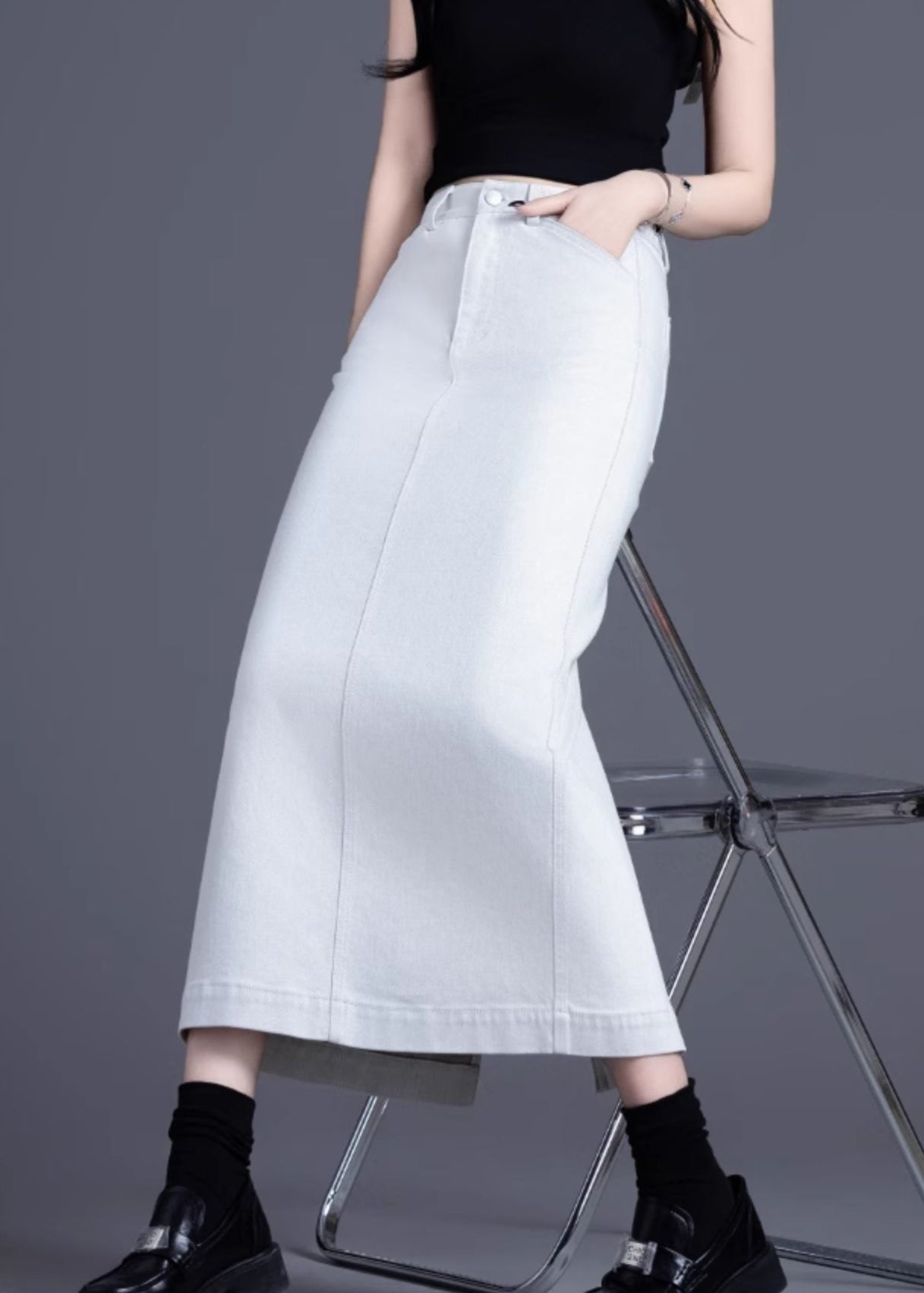 White Side Open Denim a Line Skirt Spring