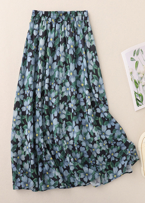 Blue Print Elastic Waist Cotton Skirts Summer