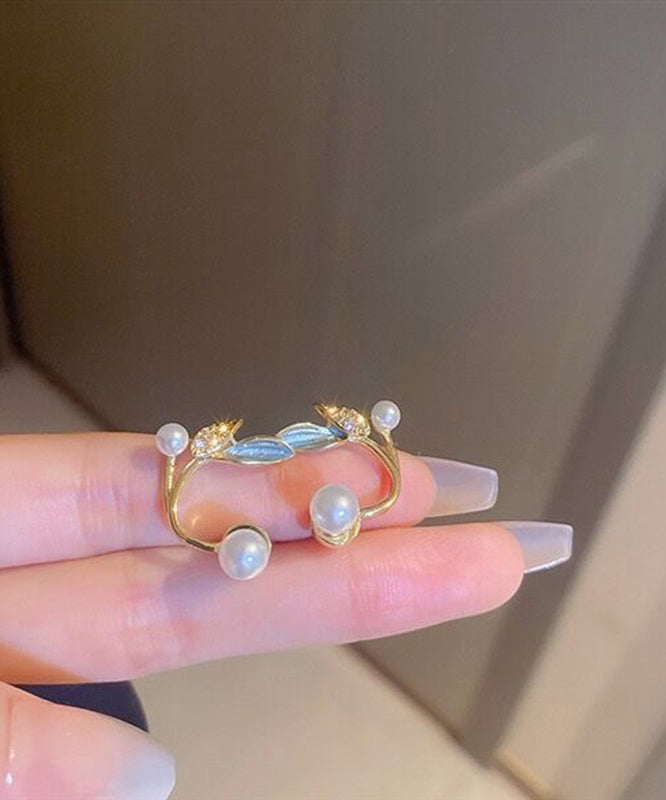 Gold Sterling Silver Alloy Zircon Pearl Leaves Hoop Earrings