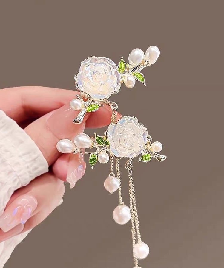 White Alloy Colored Glaze Camellia Pearl Tassel a Pair Hairpin