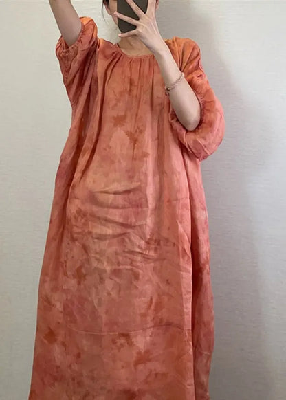 Boutique Orange O-neck Print Maxi Dresses Long Sleeve