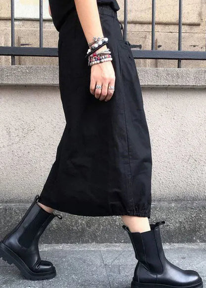 Black Wrinkled Pockets Elastic Waist Cotton Skirts Spring