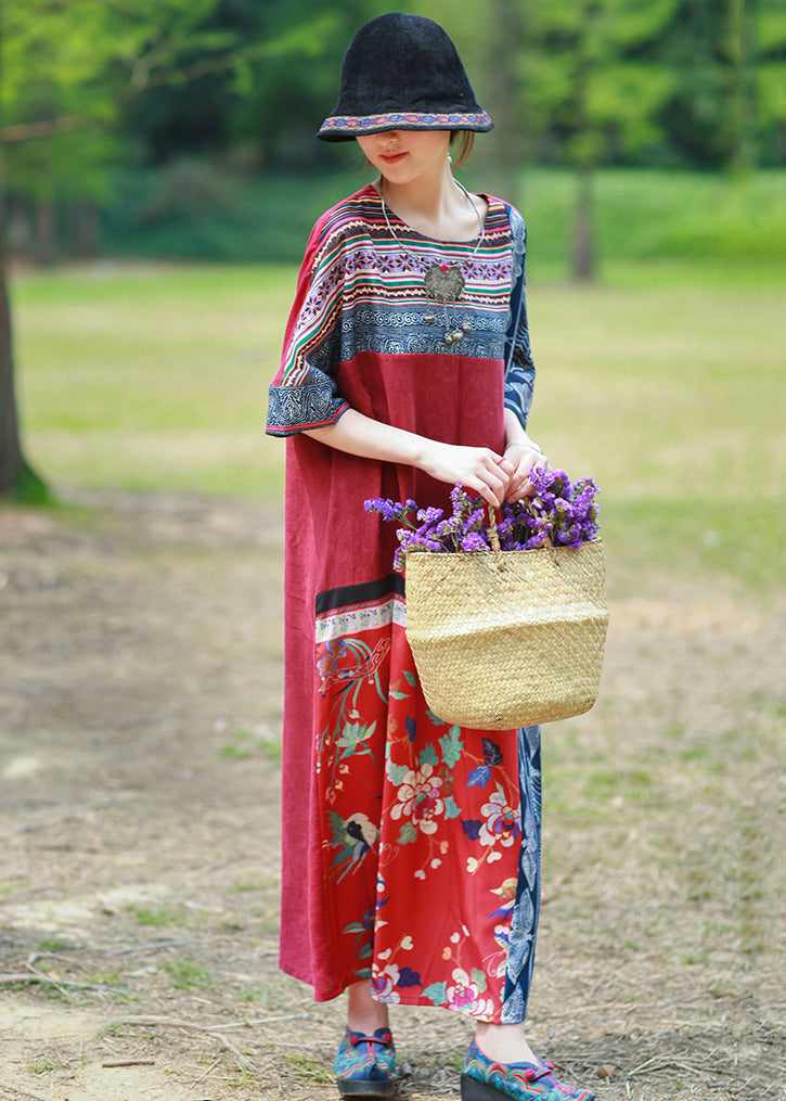 Loose Red Print Pockets Patchwork Cotton Maxi Dresses Half Sleeve