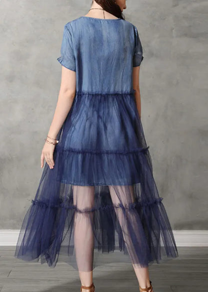 Classy Blue O-neck Embroidered Tulle Patchwork Long Denim Dresses Short Sleeve