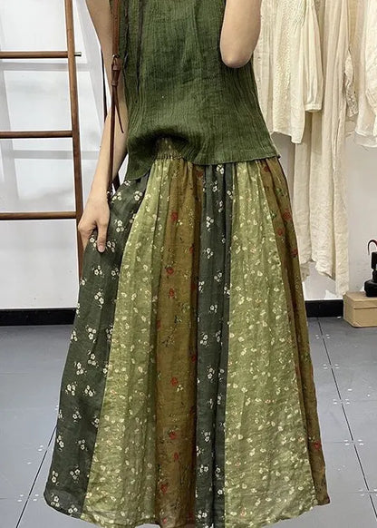 Diy Green Print Wrinkled Elastic Waist Linen Skirt Spring