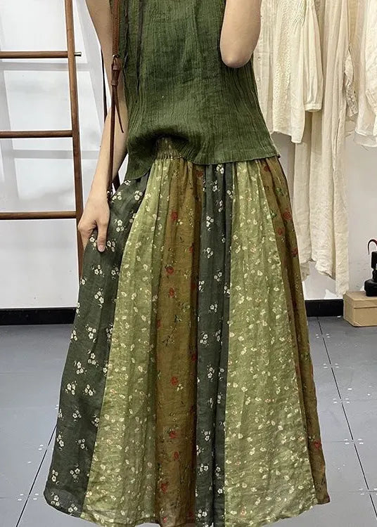 Diy Green Print Wrinkled Elastic Waist Linen Skirt Spring