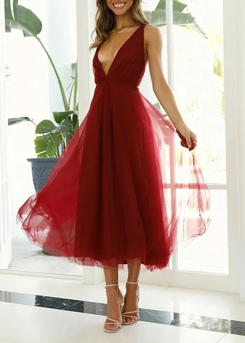 Pink V Neck Wrinkled Patchwork Tulle Dresses Sleeveless