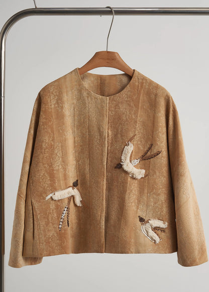 Style Khaki Embroidered Jacquard Silk Velvet Coat Outwear Fall