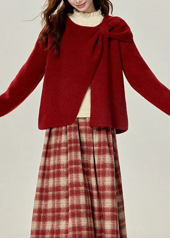 Red O Neck Versatile Knit Sweaters Spring