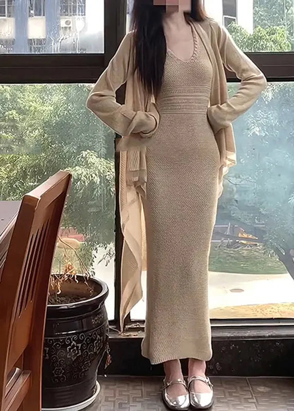 Apricot O-neck Halter Tunic Knit Cardigans and Long Dress Two Piece Set Fall