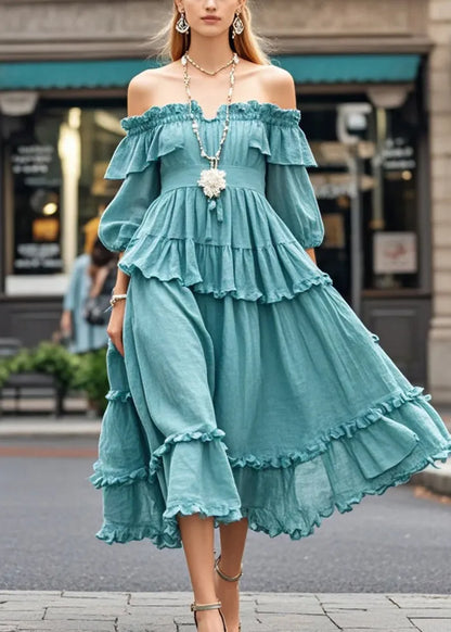 Blue Ruffled Cold Shoulder Cotton Dress Summer