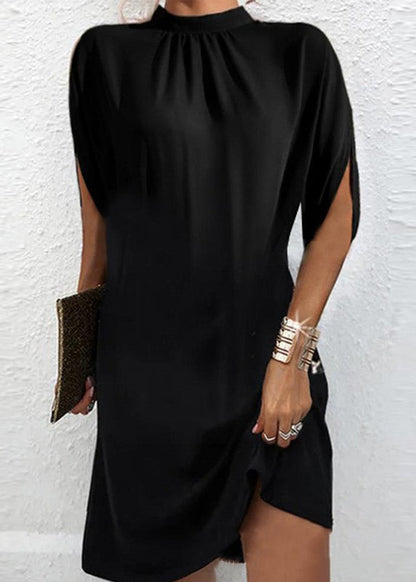 Loose Black O Neck Patchwork Cotton Mid Dresses Batwing Sleeve