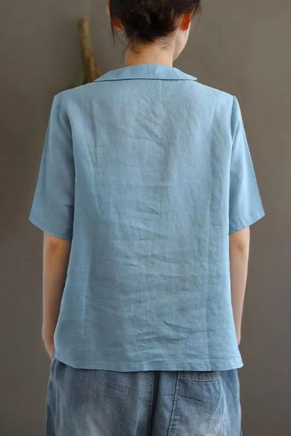 Embroidered Turn Down Collar Linen Retro T-shirt