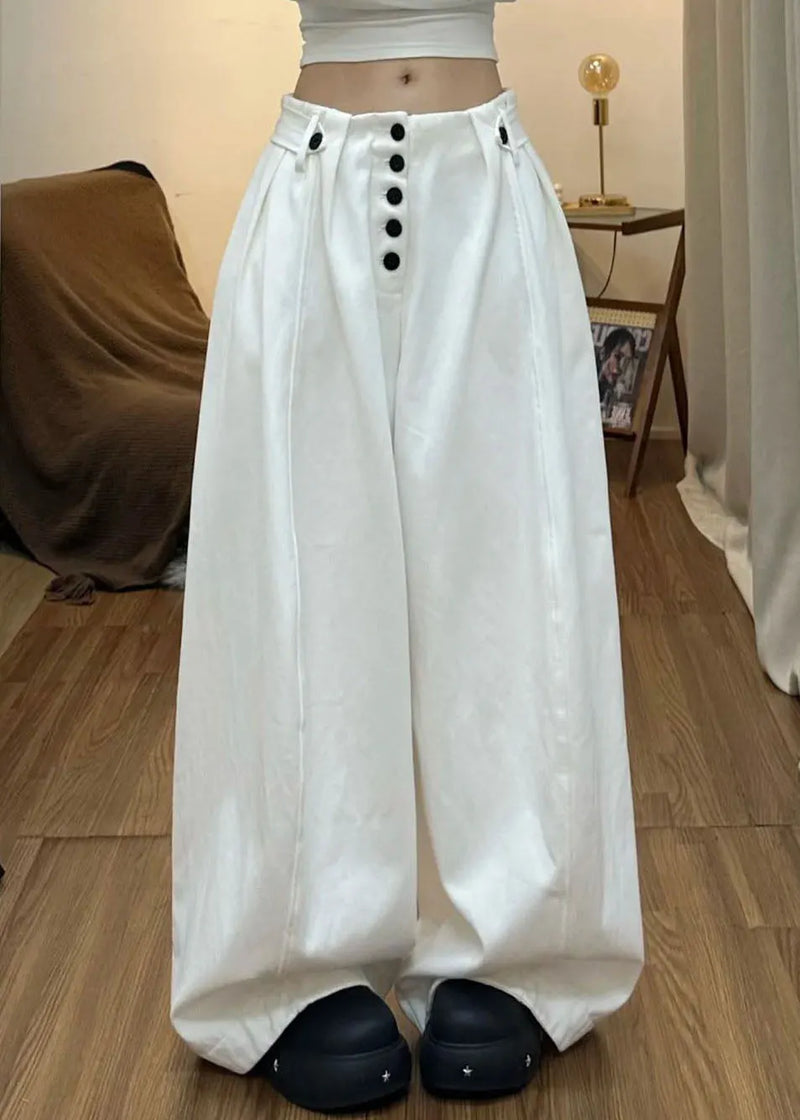 Black Pockets Button Cotton Pants Summer