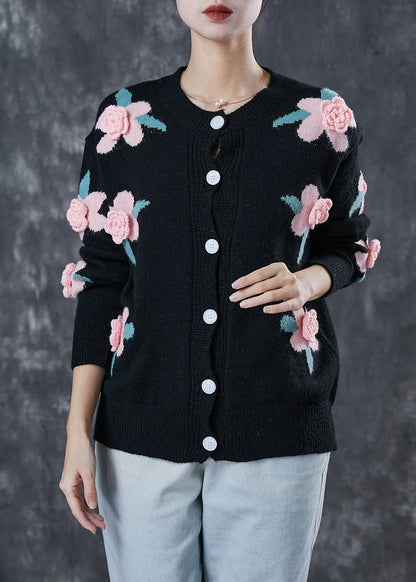 Black Cozy Knit Cardigans Stereoscopic Spring