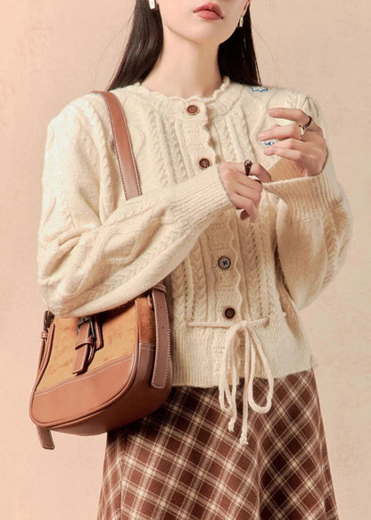 Beige Button Lace Up Knit Sweater Winter