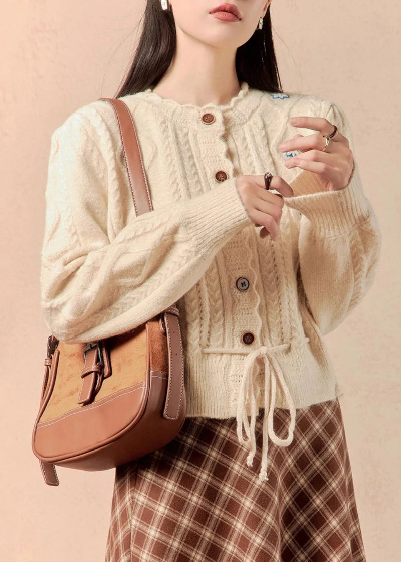 Beige Button Lace Up Knit Sweater Winter