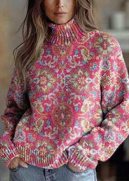 Loose Rose Hign Neck Thick Knit Sweater Tops Winter