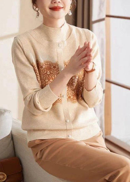 Beige O Neck Print Patchwork Woolen Sweater Spring