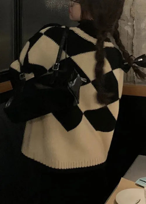 Loose Black Plaid Embroideried Button Knit Coats Fall