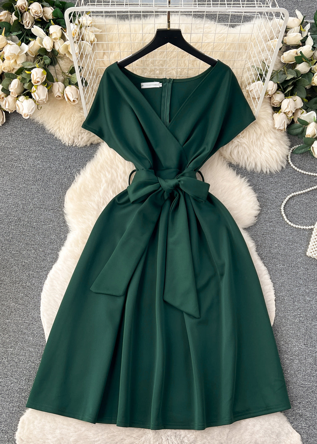 Blackish Green V Neck Zippered Tie Waist Spandex Dresses Summer