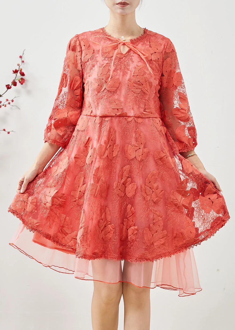 Orange Embroidered Tulle Vacation Dress Bracelet Sleeve