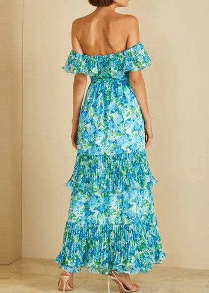 Green Cold Shoulder Ruffled Print Chiffon Vacation Dresses Summer
