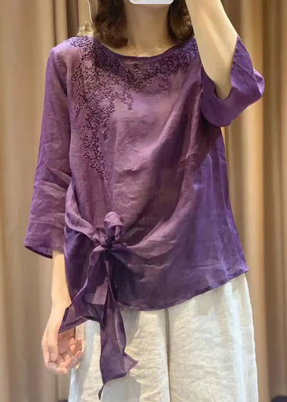 Novelty Purple O-neck Embroidered Tie Waist Linen Top Long Sleeve